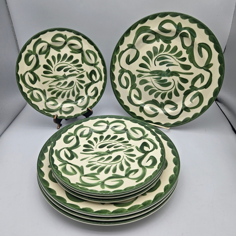 Pottery Barn Puebla Melamine Set of 4 Dinner Plates & 4 Salad Plates Green/White